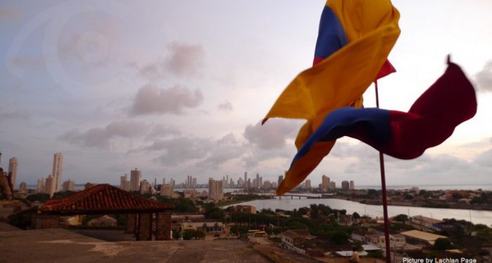 Colombian flags flying in Cartagena