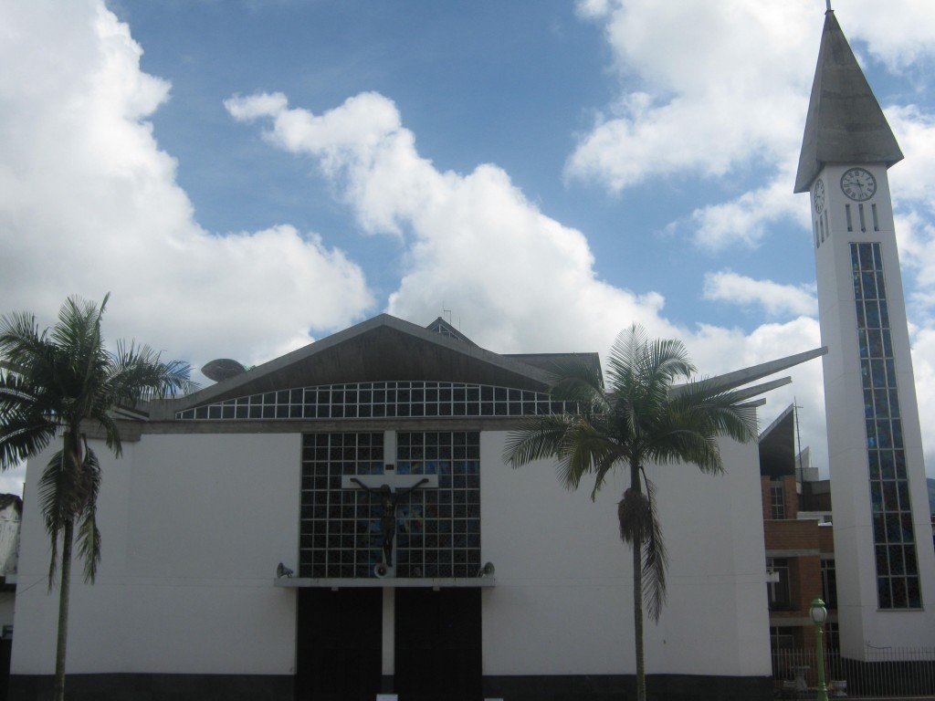 The modern, sharp lines of Carmen`s church. 