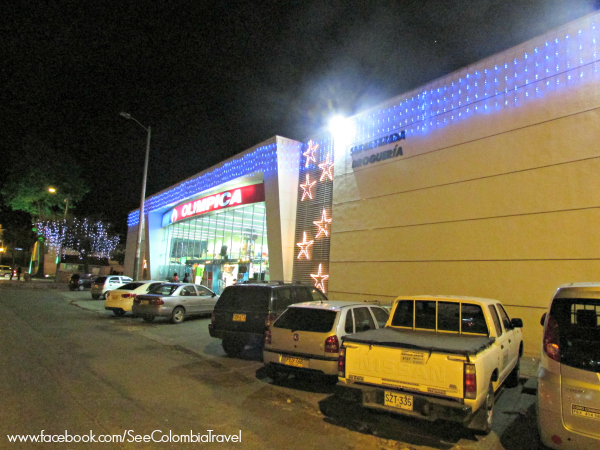 Christmas lights outside Olimpica supermarket in Northern Bogota